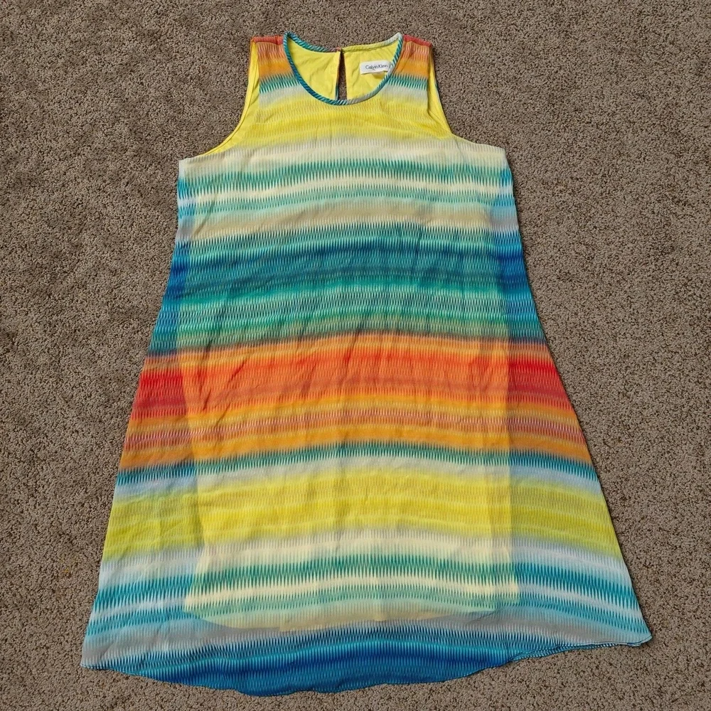 Calvin Klein Dress Womens 10 Yellow Abstract Print‎ Shift Chiffon Sleeveless